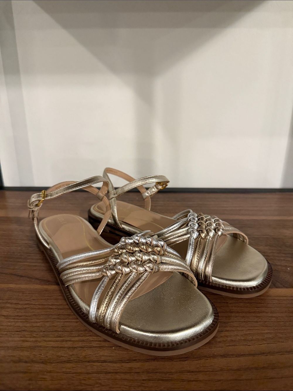 Cole Haan Jitney Knot Sandals 7.5B Metallic Gold Silver Leather Strappy